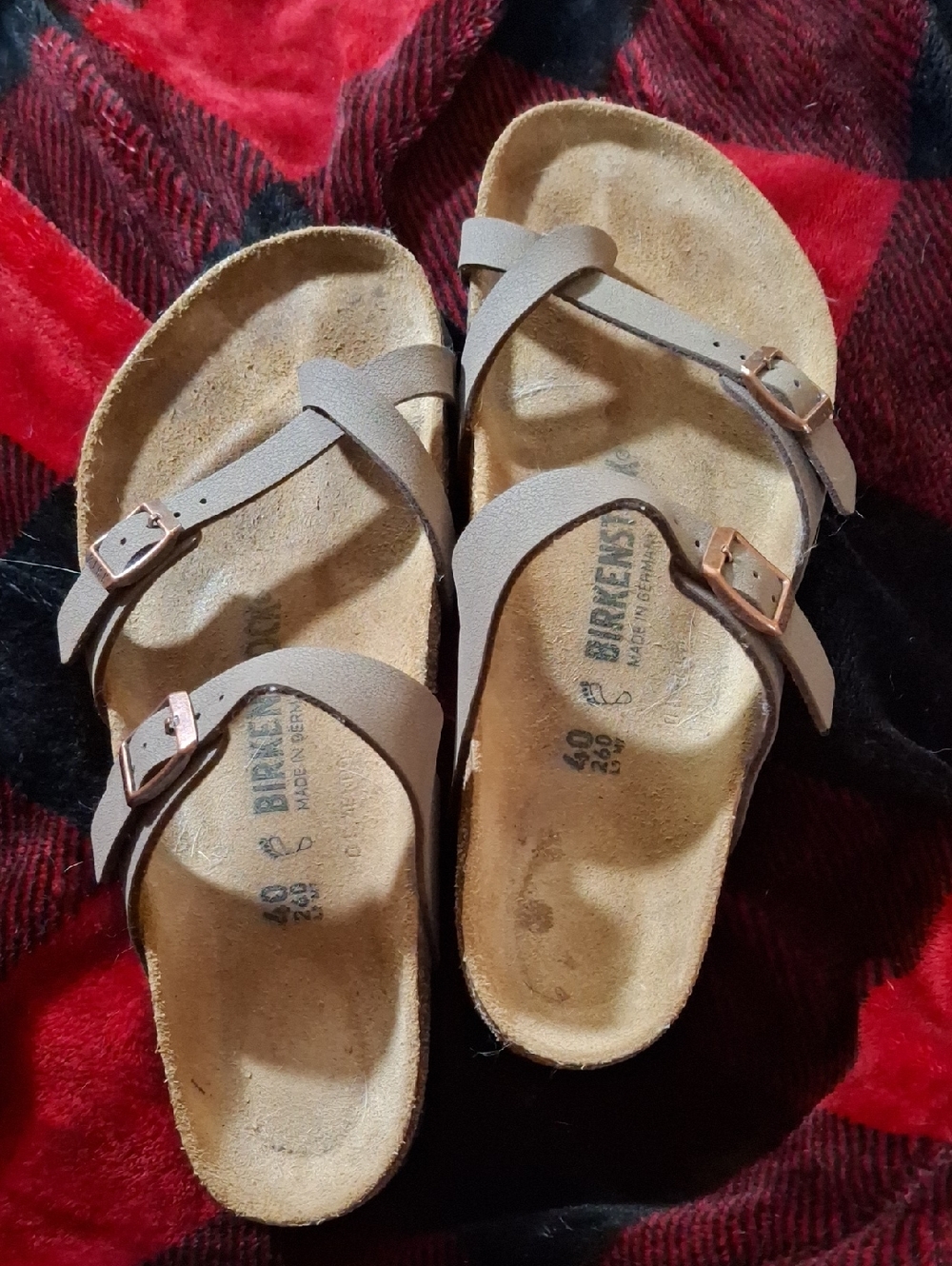 Birkenstock Double-Strap Sandals in Taupe with Rose Gold Buckles